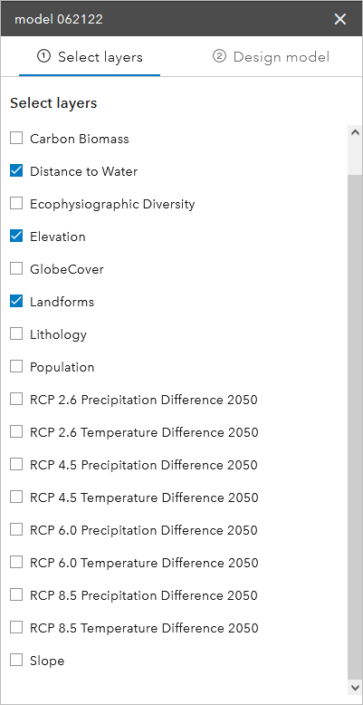 Select layers tab in the GeoPlanner Modeler tool